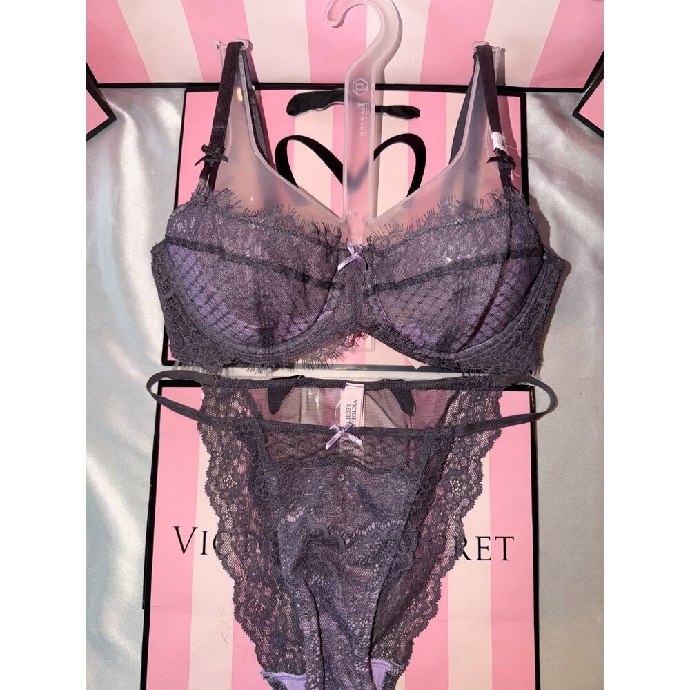 Victoria's Secret Bra Dream Angels 34B Small Thong Panty Gray & Purple